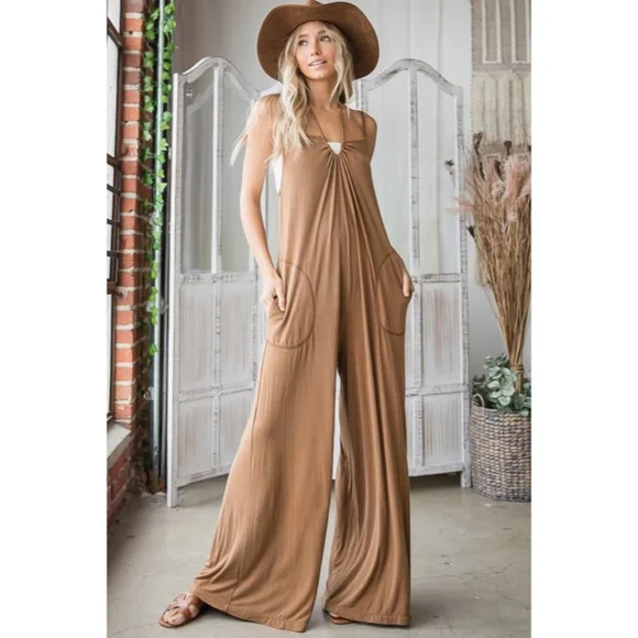 SOLD OUT Camel Bohemian Solid Convertible Oversized Wide Leg Casual Jumpsuit - Picture 2 of 5